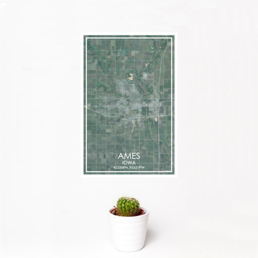 12x18 Ames Iowa Map Print Portrait Orientation in Afternoon Style With Small Cactus Plant in White Planter
