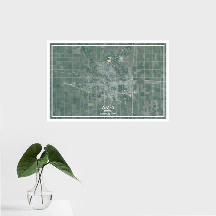 16x24 Ames Iowa Map Print Landscape Orientation in Afternoon Style With Tropical Plant Leaves in Water