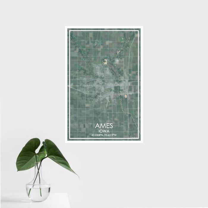16x24 Ames Iowa Map Print Portrait Orientation in Afternoon Style With Tropical Plant Leaves in Water