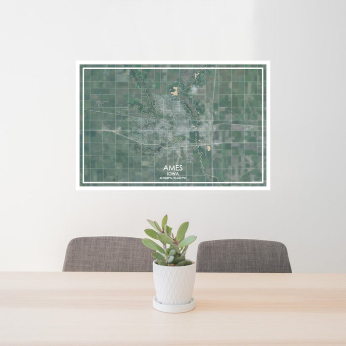 24x36 Ames Iowa Map Print Lanscape Orientation in Afternoon Style Behind 2 Chairs Table and Potted Plant