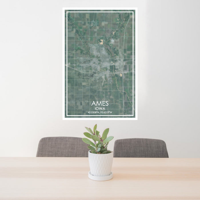 24x36 Ames Iowa Map Print Portrait Orientation in Afternoon Style Behind 2 Chairs Table and Potted Plant