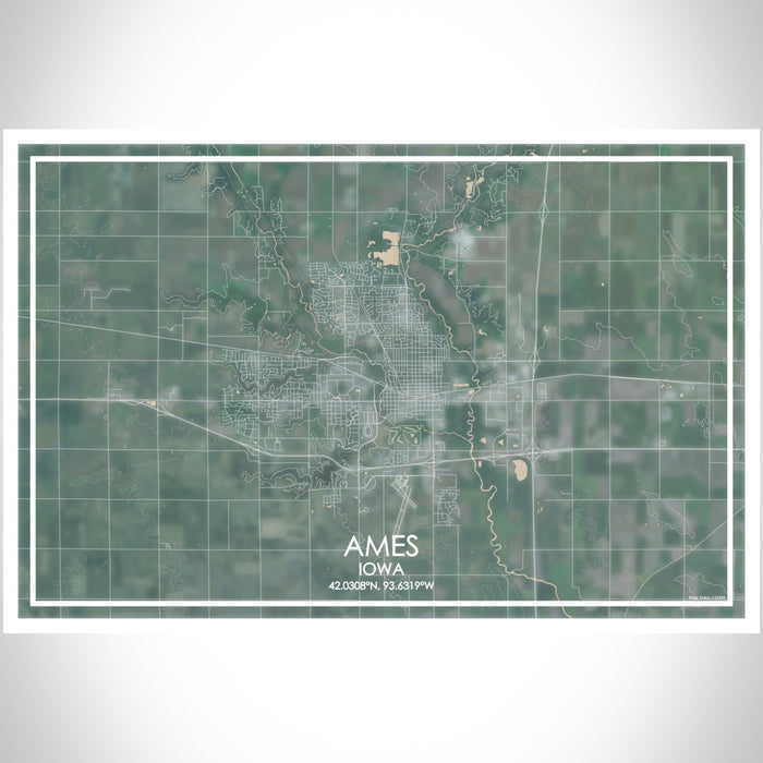 Ames Iowa Map Print Landscape Orientation in Afternoon Style With Shaded Background