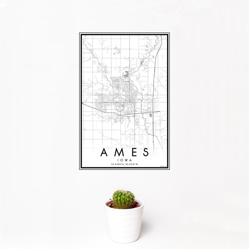 12x18 Ames Iowa Map Print Portrait Orientation in Classic Style With Small Cactus Plant in White Planter