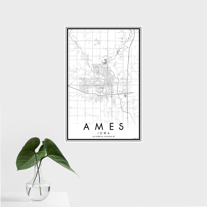 16x24 Ames Iowa Map Print Portrait Orientation in Classic Style With Tropical Plant Leaves in Water