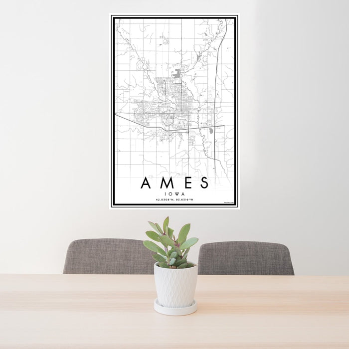 24x36 Ames Iowa Map Print Portrait Orientation in Classic Style Behind 2 Chairs Table and Potted Plant