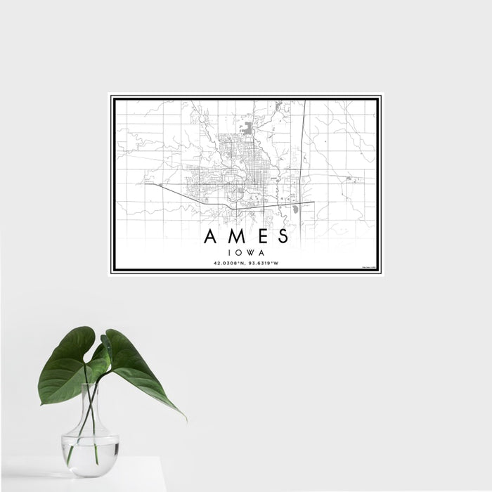 16x24 Ames Iowa Map Print Landscape Orientation in Classic Style With Tropical Plant Leaves in Water