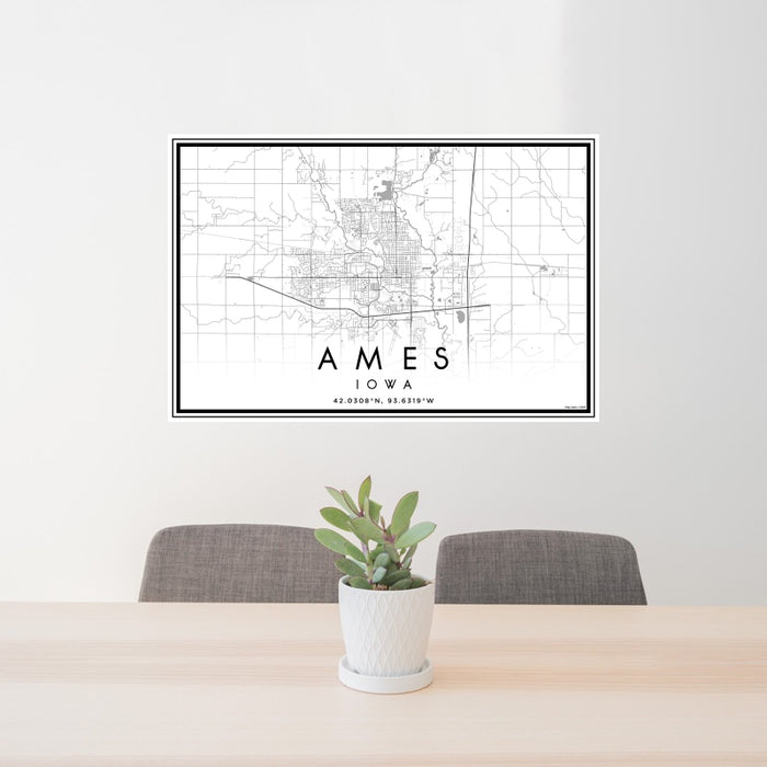 24x36 Ames Iowa Map Print Landscape Orientation in Classic Style Behind 2 Chairs Table and Potted Plant