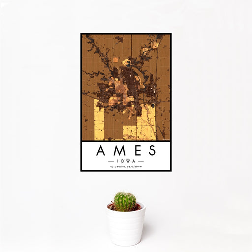 12x18 Ames Iowa Map Print Portrait Orientation in Ember Style With Small Cactus Plant in White Planter