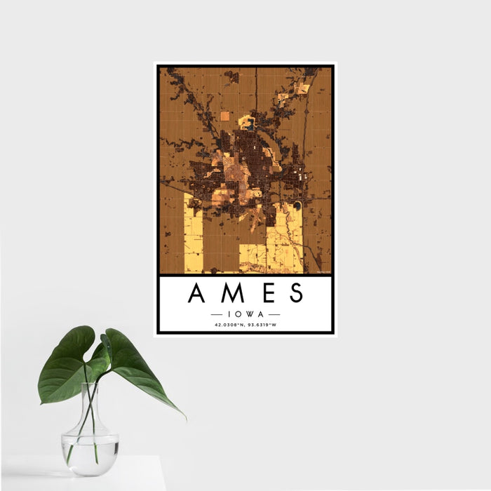 16x24 Ames Iowa Map Print Portrait Orientation in Ember Style With Tropical Plant Leaves in Water