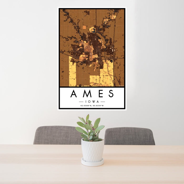24x36 Ames Iowa Map Print Portrait Orientation in Ember Style Behind 2 Chairs Table and Potted Plant