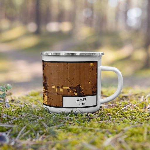 Right View Custom Ames Iowa Map Enamel Mug in Ember on Grass With Trees in Background