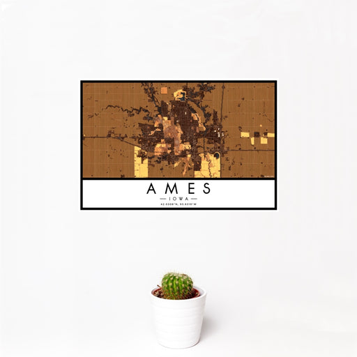 12x18 Ames Iowa Map Print Landscape Orientation in Ember Style With Small Cactus Plant in White Planter