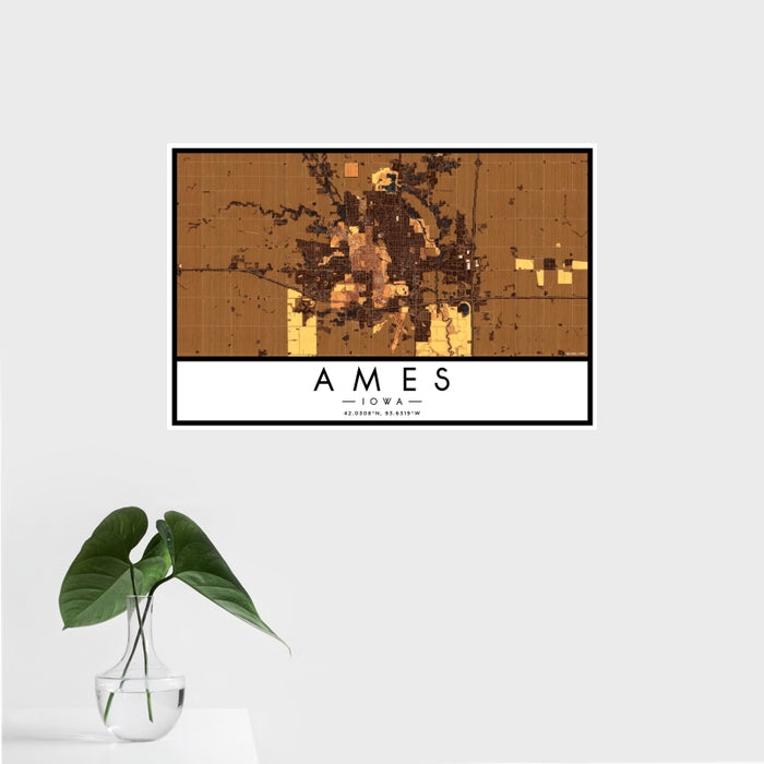 16x24 Ames Iowa Map Print Landscape Orientation in Ember Style With Tropical Plant Leaves in Water