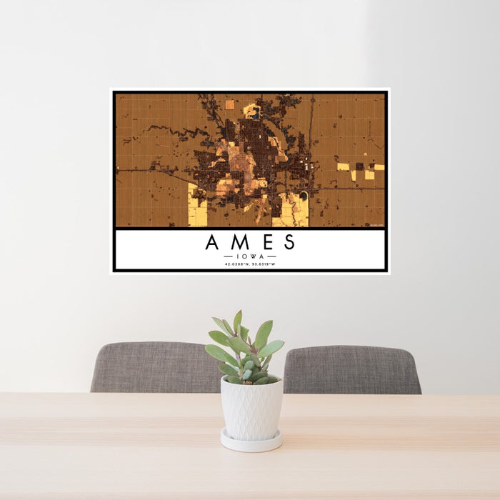 24x36 Ames Iowa Map Print Landscape Orientation in Ember Style Behind 2 Chairs Table and Potted Plant