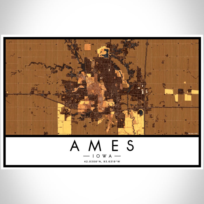 Ames Iowa Map Print Landscape Orientation in Ember Style With Shaded Background