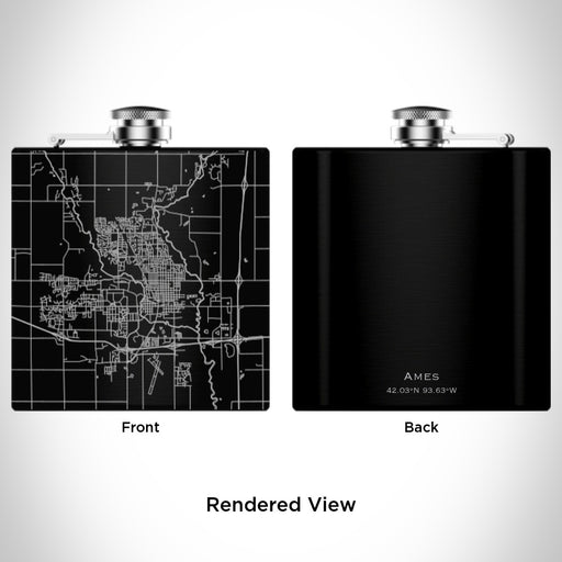 Rendered View of Ames Iowa Map Engraving on 6oz Stainless Steel Flask in Black