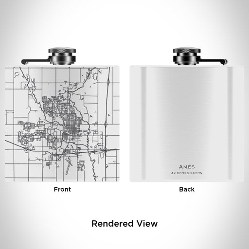 Rendered View of Ames Iowa Map Engraving on 6oz Stainless Steel Flask in White