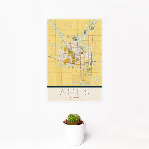 12x18 Ames Iowa Map Print Portrait Orientation in Woodblock Style With Small Cactus Plant in White Planter
