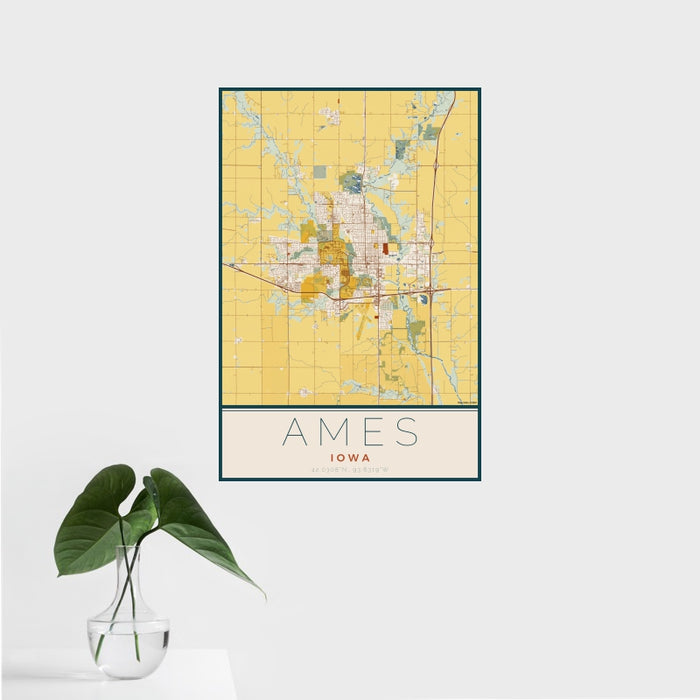 16x24 Ames Iowa Map Print Portrait Orientation in Woodblock Style With Tropical Plant Leaves in Water