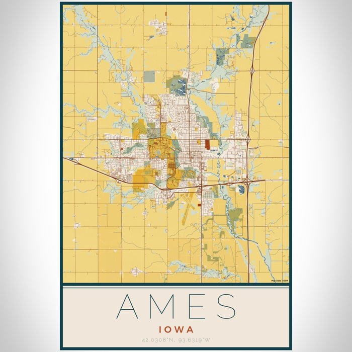 Ames Iowa Map Print Portrait Orientation in Woodblock Style With Shaded Background