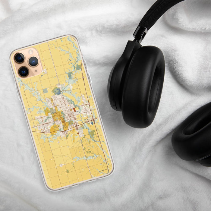 Custom Ames Iowa Map Phone Case in Woodblock on Table with Black Headphones