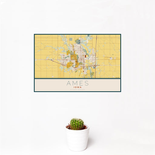 12x18 Ames Iowa Map Print Landscape Orientation in Woodblock Style With Small Cactus Plant in White Planter