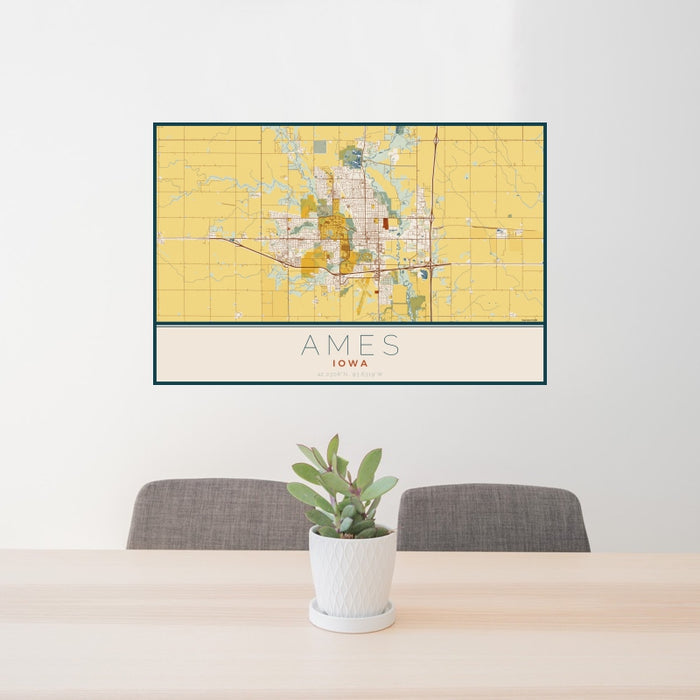 24x36 Ames Iowa Map Print Landscape Orientation in Woodblock Style Behind 2 Chairs Table and Potted Plant