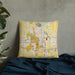 Custom Ames Iowa Map Throw Pillow in Woodblock on Bedding Against Wall