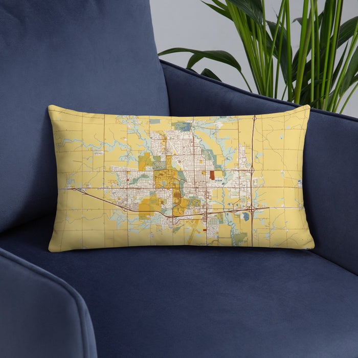 Custom Ames Iowa Map Throw Pillow in Woodblock on Blue Colored Chair