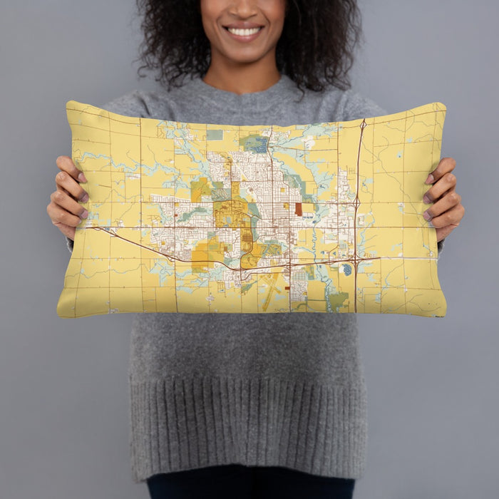 Person holding 20x12 Custom Ames Iowa Map Throw Pillow in Woodblock