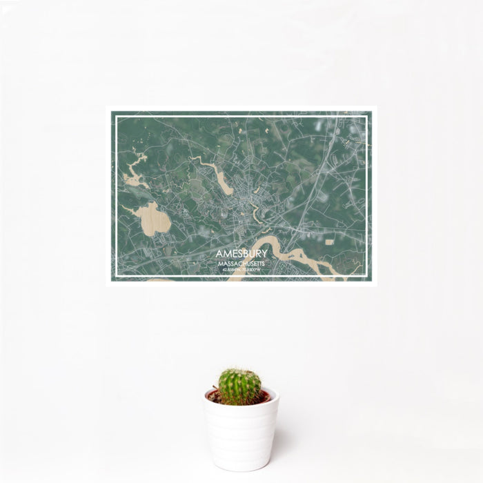 12x18 Amesbury Massachusetts Map Print Landscape Orientation in Afternoon Style With Small Cactus Plant in White Planter