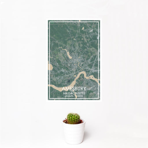 12x18 Amesbury Massachusetts Map Print Portrait Orientation in Afternoon Style With Small Cactus Plant in White Planter
