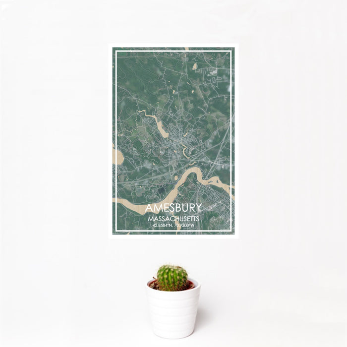 12x18 Amesbury Massachusetts Map Print Portrait Orientation in Afternoon Style With Small Cactus Plant in White Planter