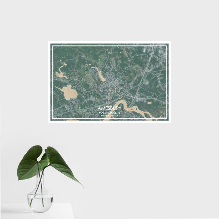 16x24 Amesbury Massachusetts Map Print Landscape Orientation in Afternoon Style With Tropical Plant Leaves in Water