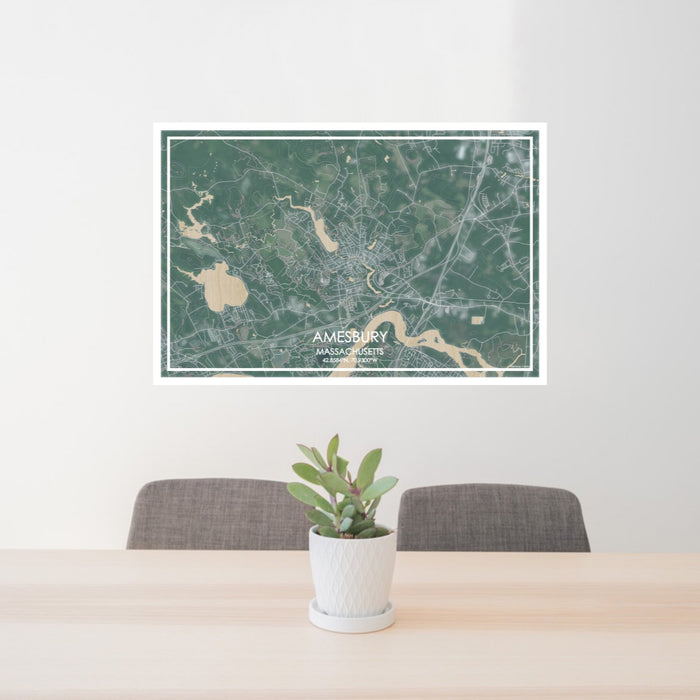 24x36 Amesbury Massachusetts Map Print Lanscape Orientation in Afternoon Style Behind 2 Chairs Table and Potted Plant