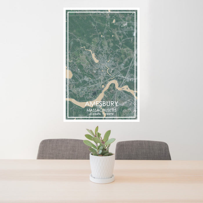 24x36 Amesbury Massachusetts Map Print Portrait Orientation in Afternoon Style Behind 2 Chairs Table and Potted Plant