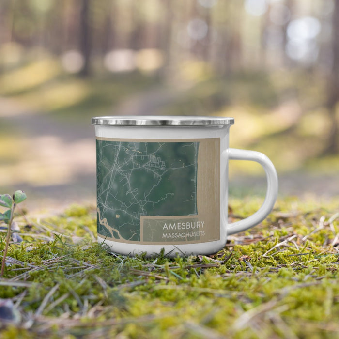Right View Custom Amesbury Massachusetts Map Enamel Mug in Afternoon on Grass With Trees in Background