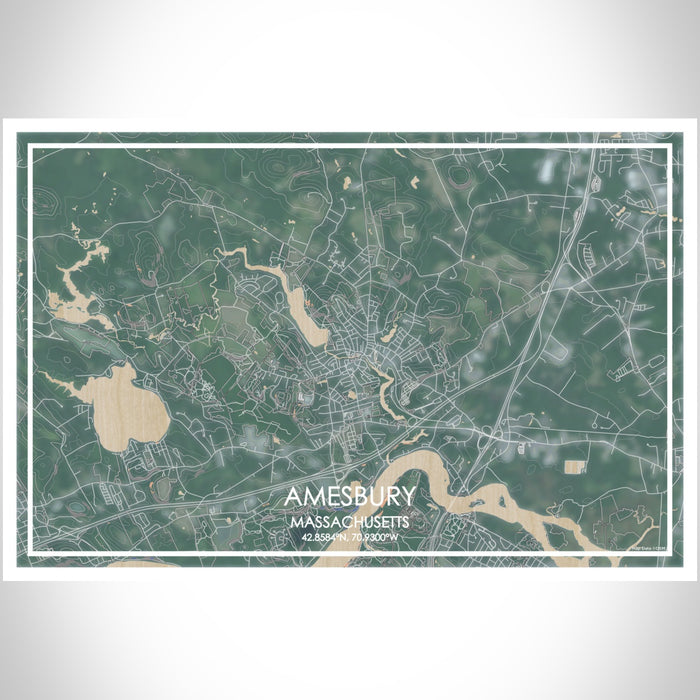 Amesbury Massachusetts Map Print Landscape Orientation in Afternoon Style With Shaded Background