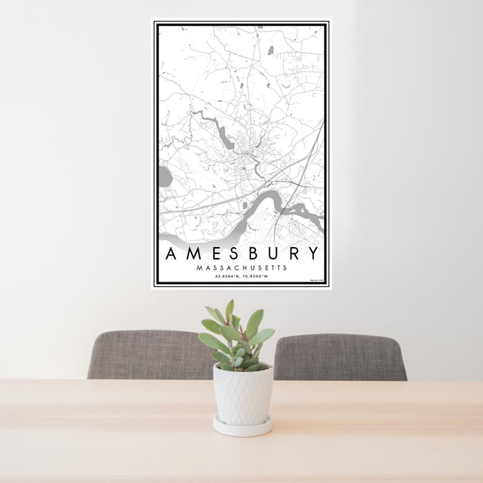 24x36 Amesbury Massachusetts Map Print Portrait Orientation in Classic Style Behind 2 Chairs Table and Potted Plant