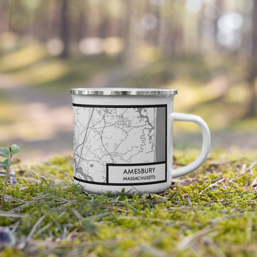 Right View Custom Amesbury Massachusetts Map Enamel Mug in Classic on Grass With Trees in Background