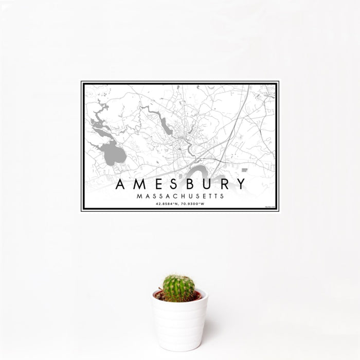 12x18 Amesbury Massachusetts Map Print Landscape Orientation in Classic Style With Small Cactus Plant in White Planter
