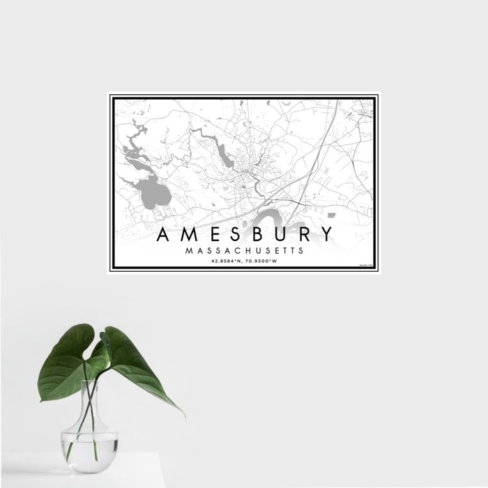 16x24 Amesbury Massachusetts Map Print Landscape Orientation in Classic Style With Tropical Plant Leaves in Water