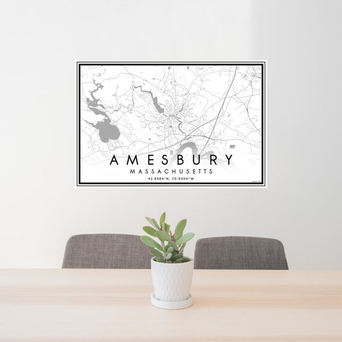 24x36 Amesbury Massachusetts Map Print Landscape Orientation in Classic Style Behind 2 Chairs Table and Potted Plant