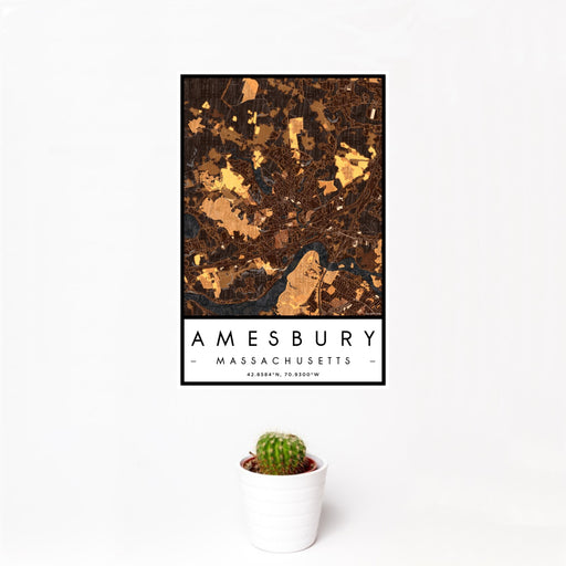 12x18 Amesbury Massachusetts Map Print Portrait Orientation in Ember Style With Small Cactus Plant in White Planter
