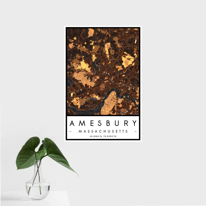 16x24 Amesbury Massachusetts Map Print Portrait Orientation in Ember Style With Tropical Plant Leaves in Water
