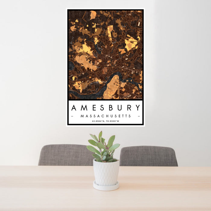 24x36 Amesbury Massachusetts Map Print Portrait Orientation in Ember Style Behind 2 Chairs Table and Potted Plant