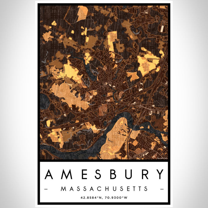 Amesbury Massachusetts Map Print Portrait Orientation in Ember Style With Shaded Background