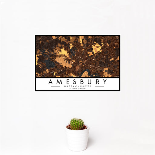 12x18 Amesbury Massachusetts Map Print Landscape Orientation in Ember Style With Small Cactus Plant in White Planter