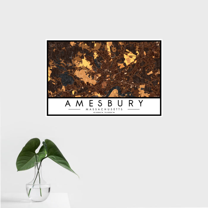 16x24 Amesbury Massachusetts Map Print Landscape Orientation in Ember Style With Tropical Plant Leaves in Water