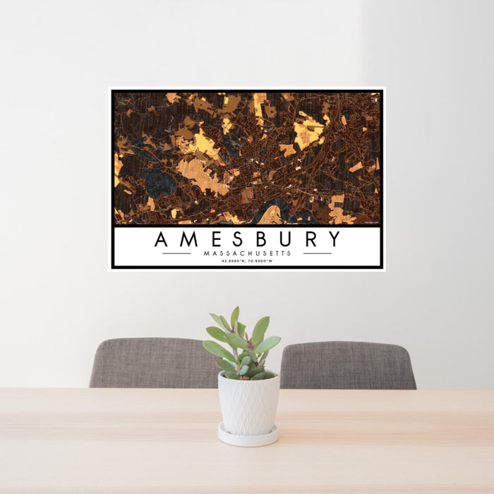 24x36 Amesbury Massachusetts Map Print Landscape Orientation in Ember Style Behind 2 Chairs Table and Potted Plant